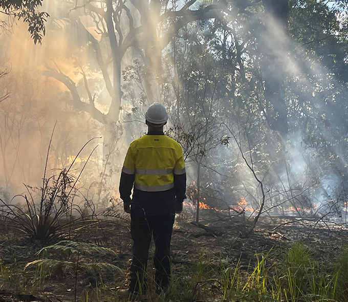 A person in safety gear observing a forest fire. The image captures a scene of a forest fire with smoke and flames visible among the trees. A person wearing a helmet and high-visibility yellow jacket is standing, observing the fire, their back facing the camera. The environment is filled with thick smoke, illuminating the surroundings with an eerie glow. Trees and vegetation are partially engulfed in flames, indicating an ongoing wildfire. The ground is covered with grass and small plants, some of which are also affected by the fire.