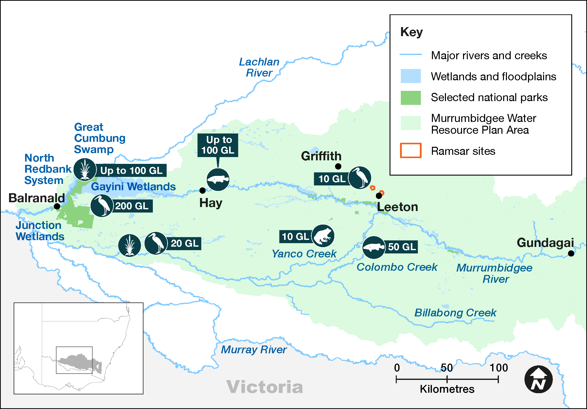 Map of proposed annual priority targets in the Murrumbidgee Water Resource Plan area 2023–24