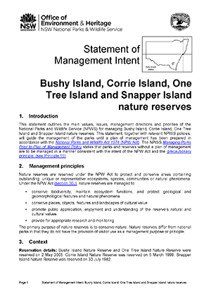 Bushy, Corrie, One Tree and Snapper island Nature Reserves Statement of Management Intent cover