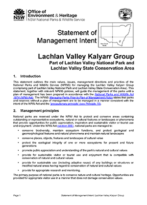 Lachlan Valley Kalyarr Group Statement of Management Intent cover