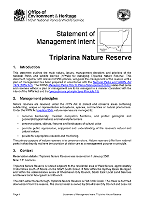 Triplarina Nature Reserve Statement of Management Intent cover