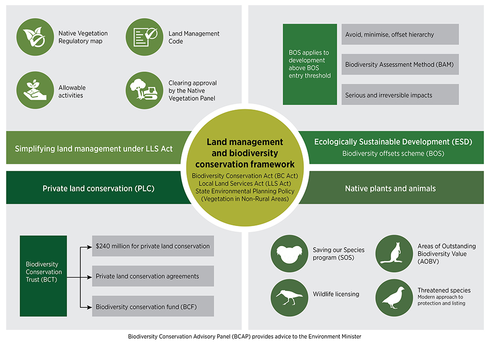 Infographic of land management and biodiversity conservation framework