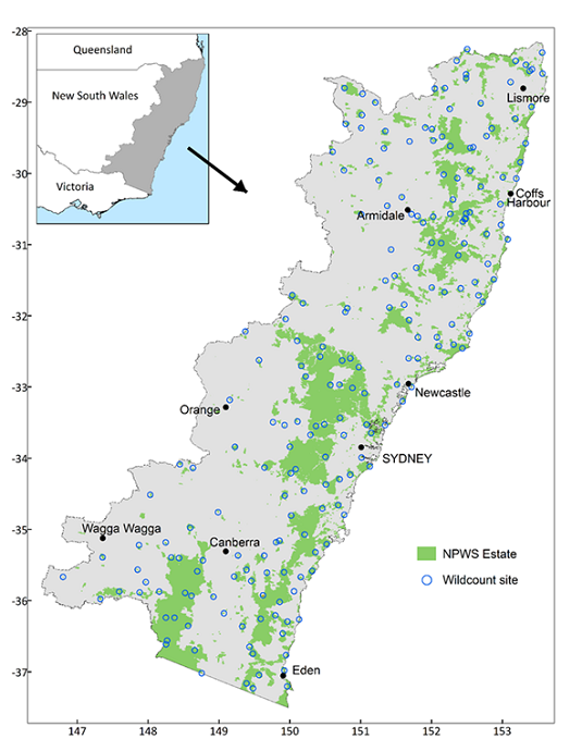  Map showing location of 200 Wildcount sites across 146 National Parks and Reserves in eastern New South Wales.