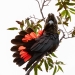 Glossy black-cockatoo (Calyptorhynchus lathami lathami) fanning its black and red tail feathers sitting on a tree branch
