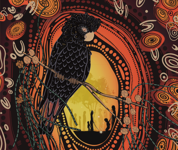 Aboriginal artwork featuring the glossy black cockatoo