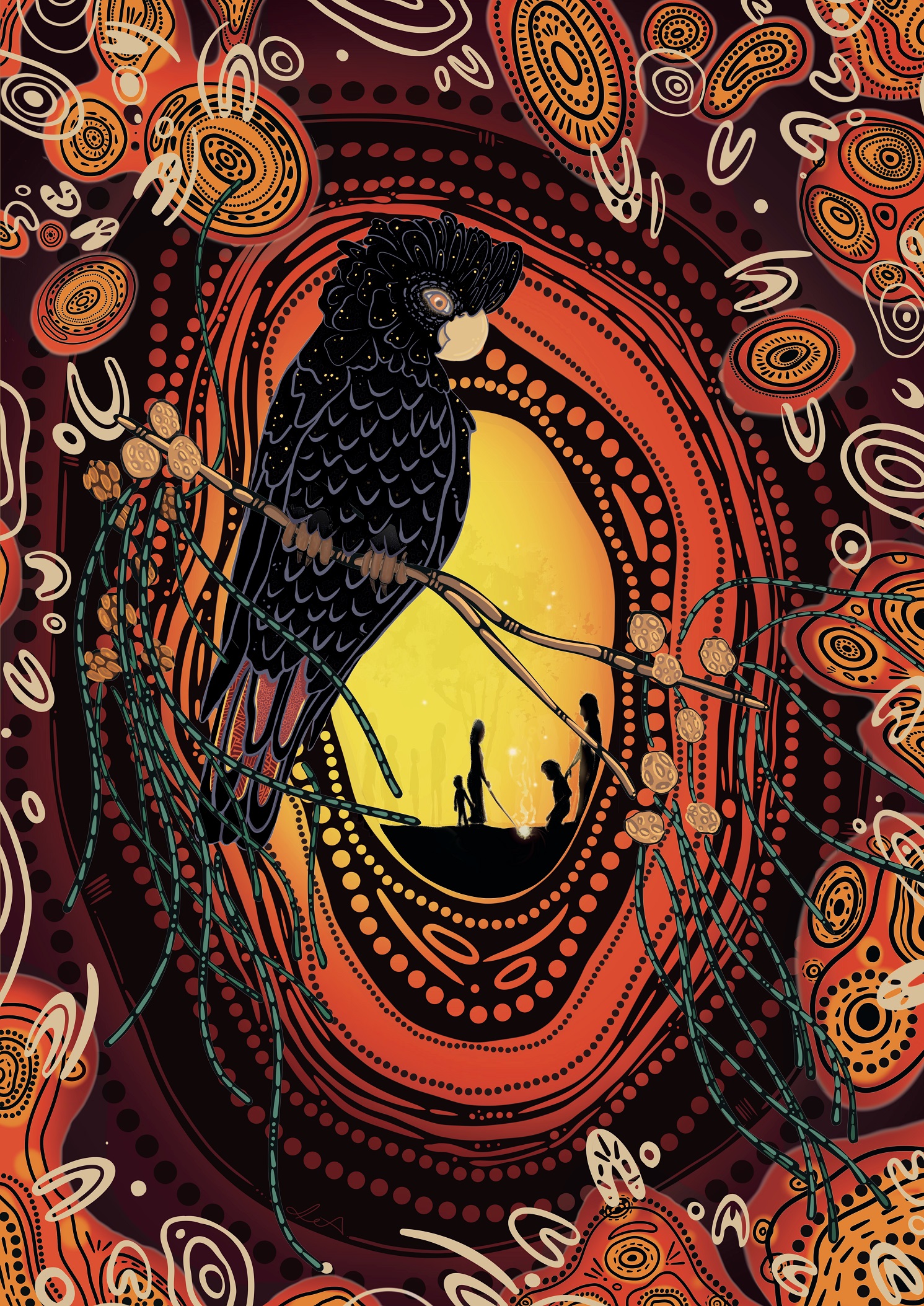 Aboriginal artwork featuring the glossy black cockatoo