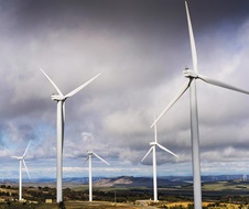 Wind farm, large white blades in foreground
