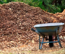 Pile of garden mulch with wheelbarrow