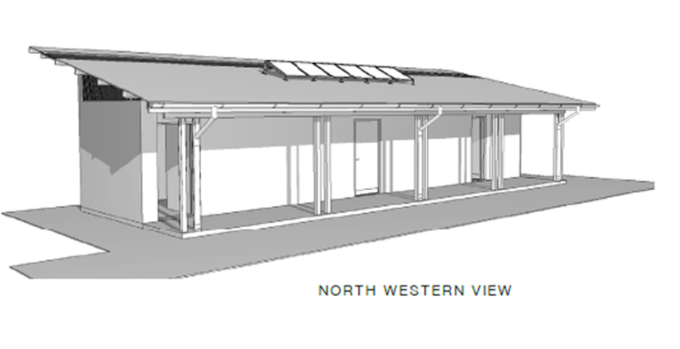 A digital sketch of the north-western view of the new toilet block: a long low building with solar panels and an outdoor shaded area
