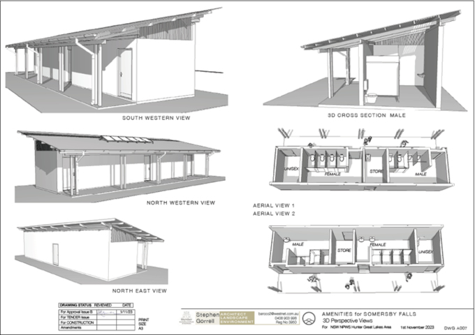 Different views of a long low building with solar panels and an outdoor shaded area, digitally sketched, containing male, female and unisex toilet stalls