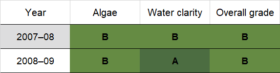 Burrill Lake historic water quality grades from 2007-08 for algae and water clarity. Colour-coded ratings (red, orange, yellow, light green and dark green represent very poor (E), poor (D), fair (C), good (B) and excellent (A), respectively).