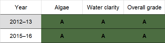 Dalhousie Creek historic water quality grades from 2015-16 for algae and water clarity. Colour-coded ratings (red, orange, yellow, light green and dark green represent very poor (E), poor (D), fair (C), good (B) and excellent (A), respectively).