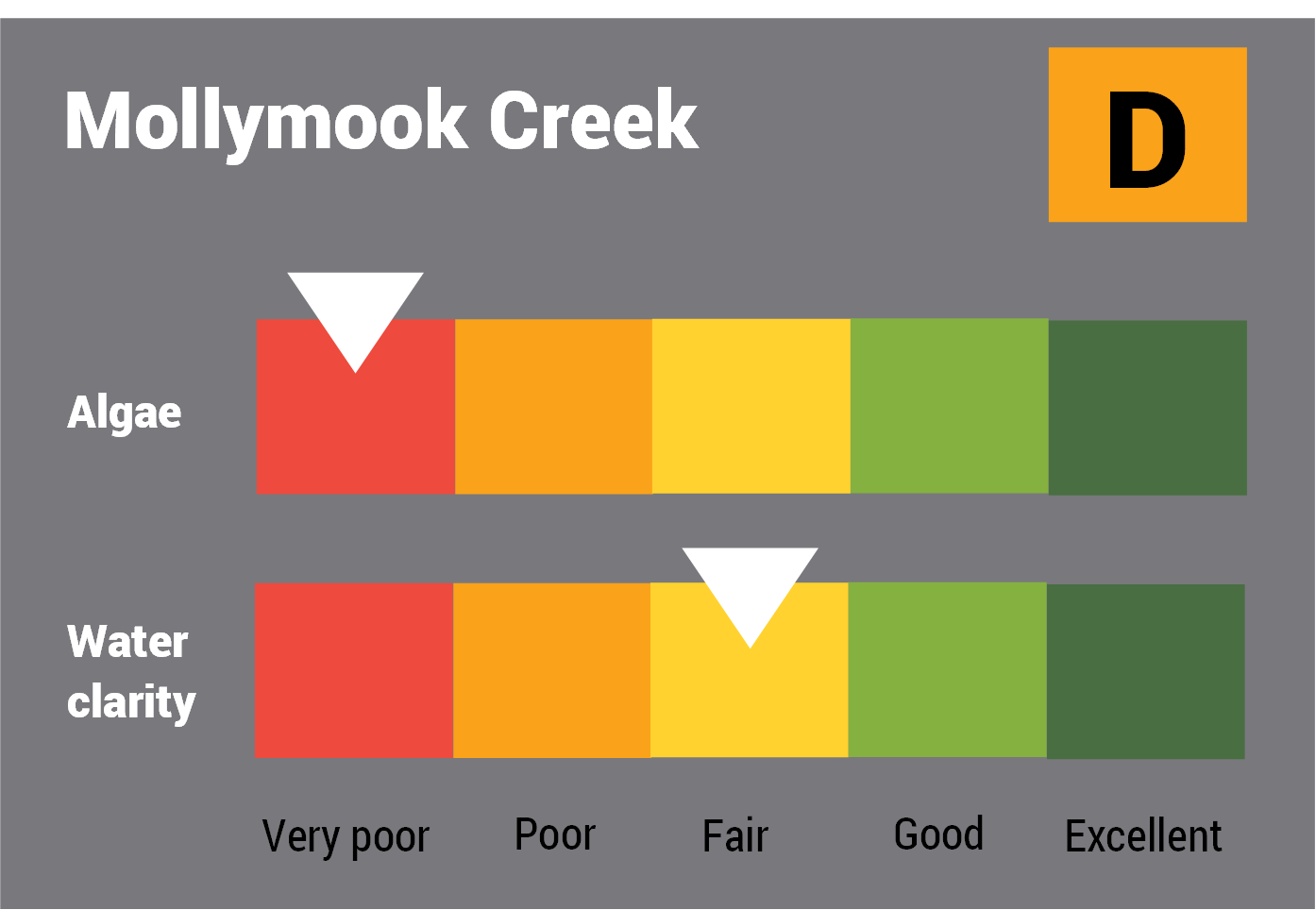 Mollymook Creek water quality report card for algae and water clarity showing colour-coded ratings (red, orange, yellow, light green and dark green, which represent very poor, poor, fair, good and excellent, respectively). Algae is rated 'very poor' and water clarity is rated 'poor' giving an overall rating of 'very poor' or 'E'.