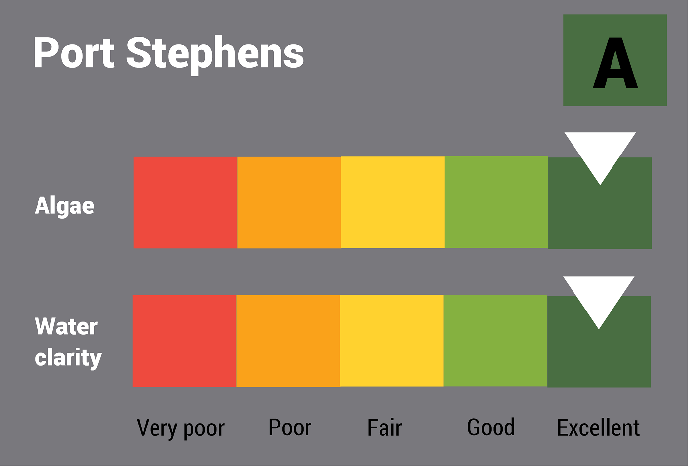 Port Stephens water quality report card for algae and water clarity showing colour-coded ratings (red, orange, yellow, light green and dark green, which represent very poor, poor, fair, good and excellent, respectively). Algae is rated 'excellent' and water clarity is rated 'excellent' giving an overall rating of 'excellent' or 'A'.