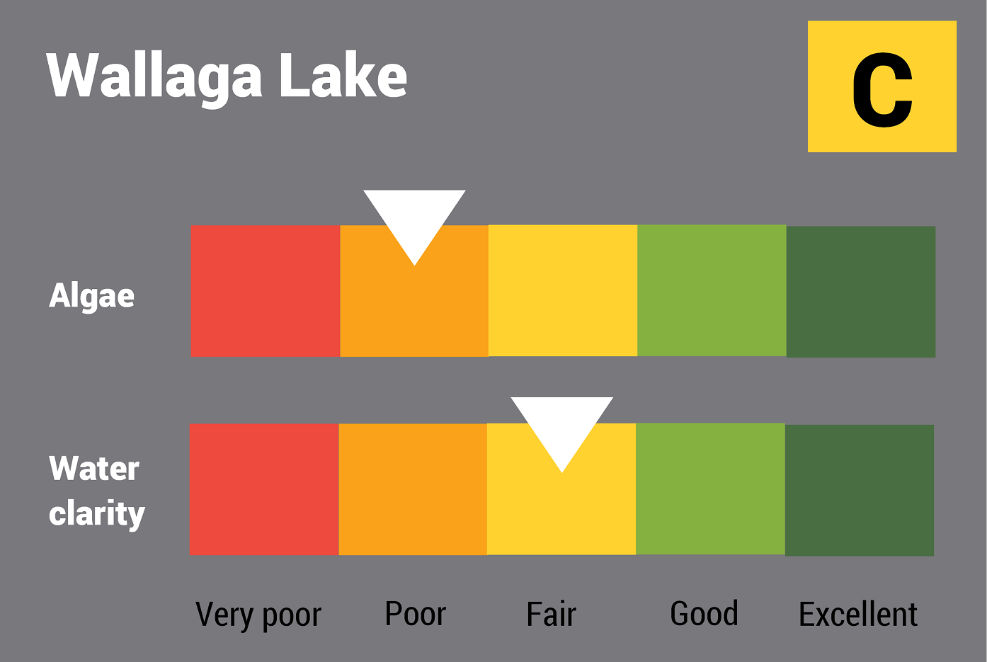 Wallaga Lake water quality report card for algae and water clarity showing colour-coded ratings (red, orange, yellow, light green and dark green, which represent very poor, poor, fair, good and excellent, respectively). Algae is rated 'poor' and water clarity is rated 'fair' giving an overall rating of 'fair' or 'C'.