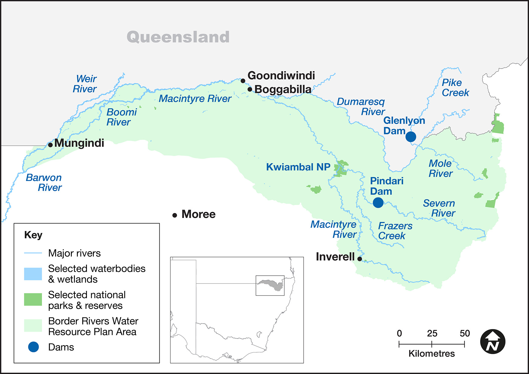 Map of Border Rivers catchment. Natural rainfall and flooding provided for the environmental demand and no environmental water deliveries were made in the 2022-23 water year.