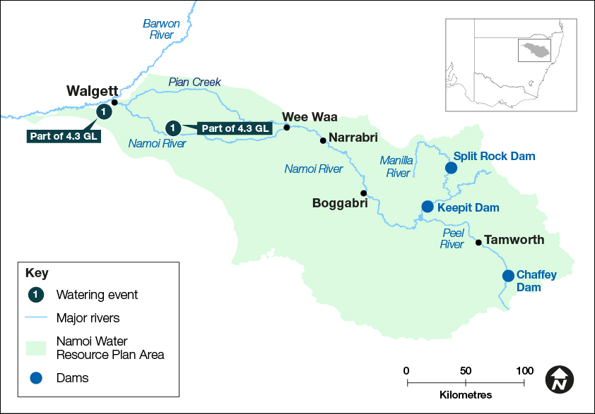 Map of the Namoi catchment showing waterways, wetlands and locations of water for the environment deliveries made in 2022-23.