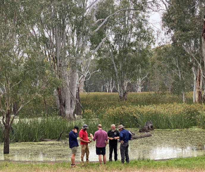 A gathering of people at the edge of a beautiful swamp with long rushes and grasses growing out in patches and forested wetlands in the background