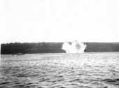 One of the depth charges being dropped in the harbour on the morning of 1 June 1942