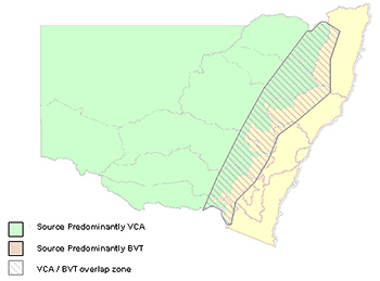 Map of NSW showing Vegetation Classification Assessment (VCA) in the west, BioMetric Vegetation Types (BVT) in the east and VCA and BVT overlap zones