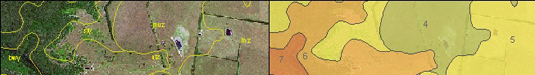 Aerial photograph of rural properties bounded by bush and overlaid by soil landscape diagram
