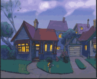 Houses in the street. Dark, cold night. Smoke coming from chimneys. Warm light shining throught the windows