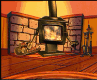 Inside a house, a wood heater (animated) is speaking.
