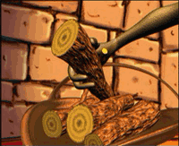 Wood heater takes a piece of wood from the pile.