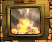 Close up of wood heater fire door showing fire inside burning brightly.