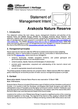 Arakoola Nature Reserve Statement of Management Intent cover