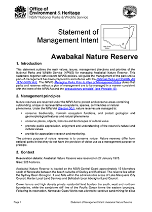 Awabakal Nature Reserve Statement of Management Intent