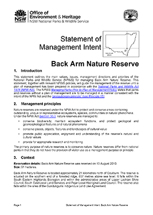 Back Arm Nature Reserve Statement of Management Intent cover