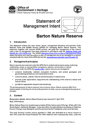 Barton Nature Reserve Statement of Management Intent cover
