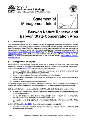 Barwon Nature Reserve and State Conservation Area Statement of Management Intent cover