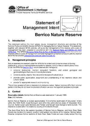 Berrico Nature Reserve Statement of Management Intent cover