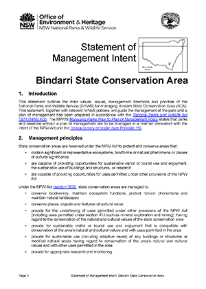 Bindarri State Conservation Area Statement of Management Intent cover