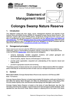 Colongra Swamp Nature Reserve Statement of Management Intent
