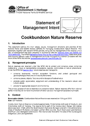 Cookbundoon Nature Reserve Statement of Management Intent cover