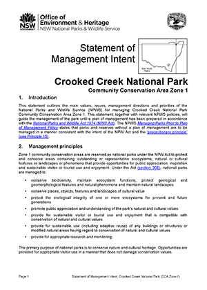 Crooked Creek National Park (CCA Zone 1) Statement of Management Intent