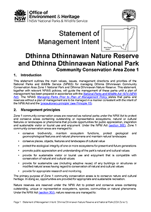 Dthinna Dthinnawan Nature Reserve and Dthinna Dthinnawan National Park (CCA Zone 1) Statement of Management Intent