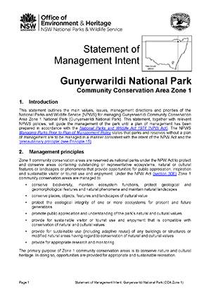 Gunyerwarildi National Park (CCA Zone 1) Statement of Management Intent