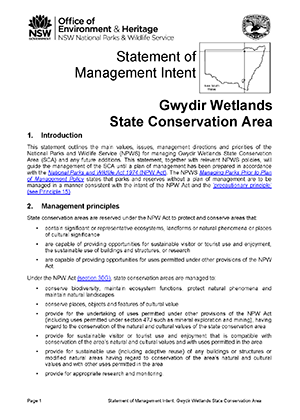 Gwydir Wetlands State Conservation Area Statement of Management Intent