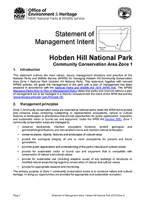 Hobden Hill National Park (CCA Zone 1) Statement of Management Intent