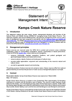 Kemps Creek Nature Reserve Statement of Management Intent