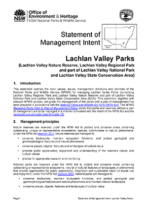 Lachlan Valley Parks (Lachlan Valley Nature Reserve, Lachlan Valley Regional Park and part of Lachlan Valley National Park and Lachlan Valley State Conservation Area) Statement of Management Intent