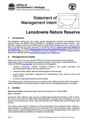 Lansdowne Nature Reserve Statement of Management Intent