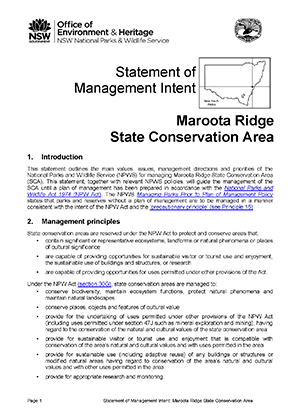 Maroota Ridge State Conservation Area Statement of Management Intent cover