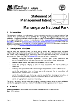 Marrangaroo National Park Statement of Management Intent cover