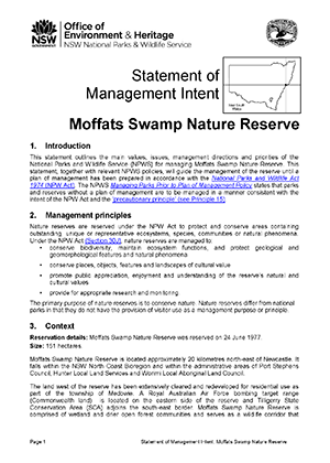 Moffats Swamp Nature Reserve Statement of Management Intent cover