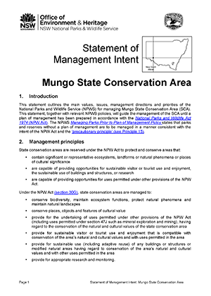 Mungo State Conservation Area Statement of Management Intent cover